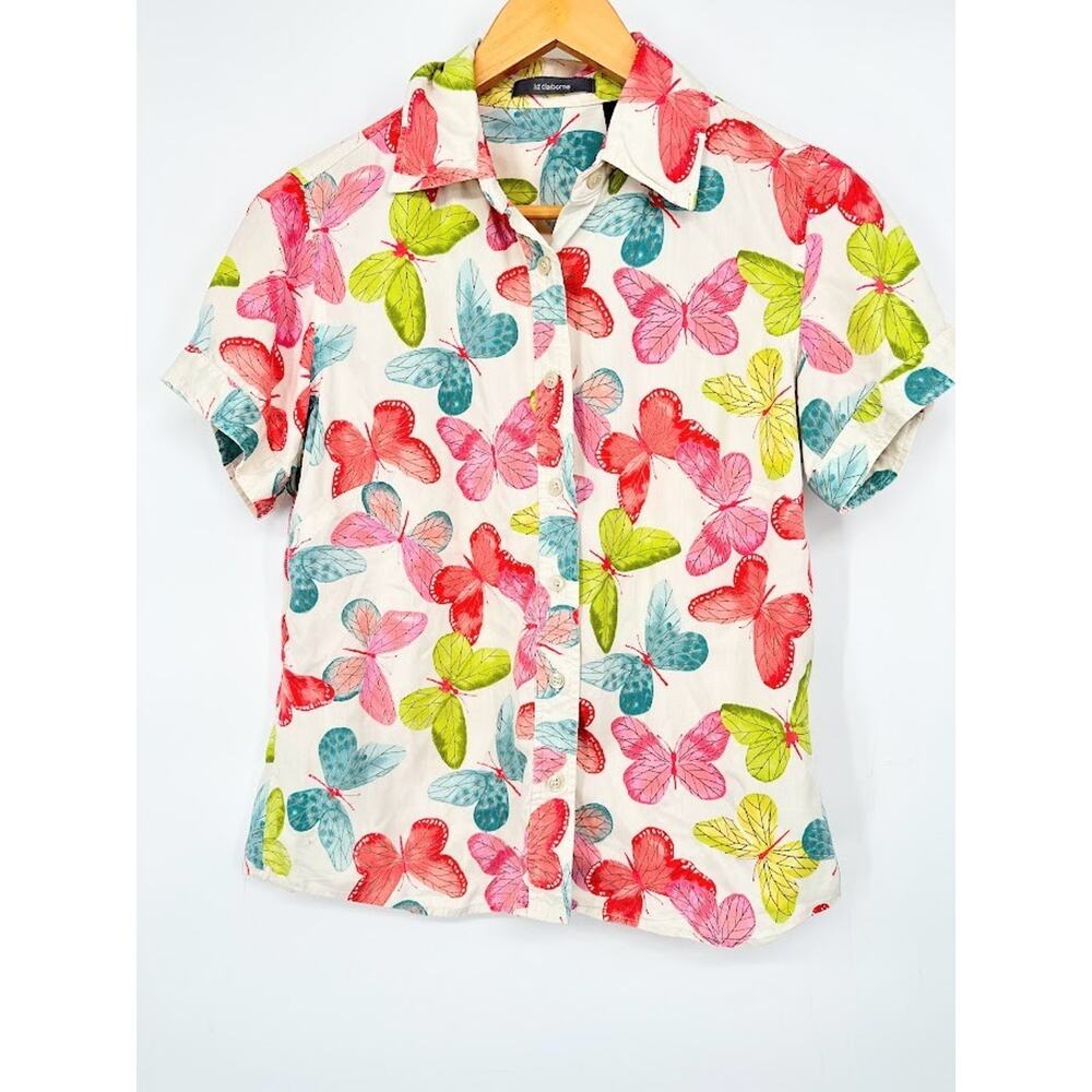 Vintage‎ Liz Claiborne 100% Silk Butterfly Print Button Top Washable Size Small